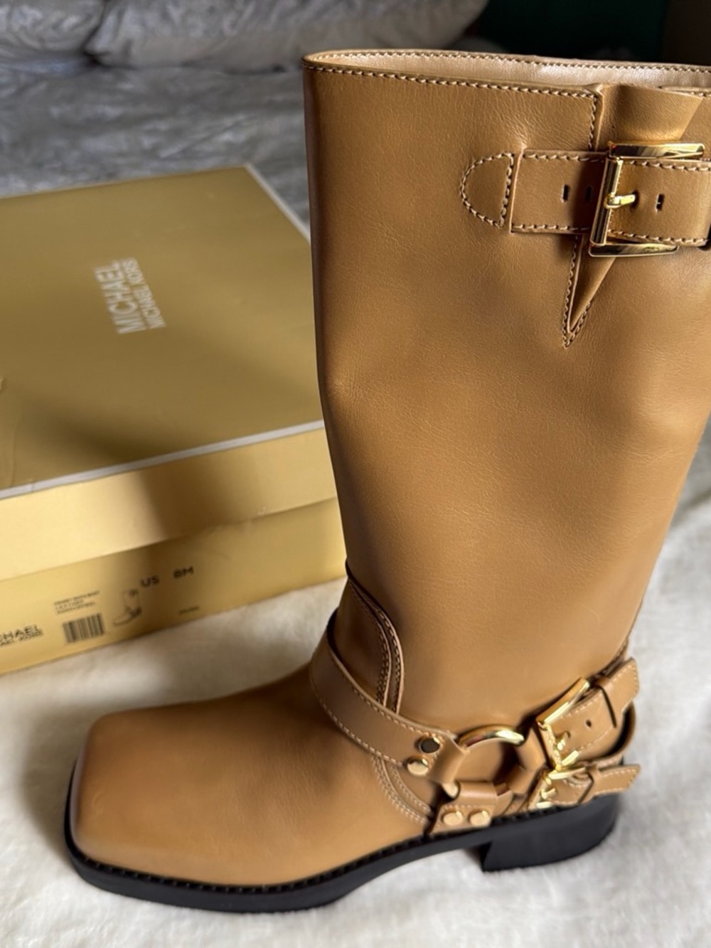 BNIB MICHAEL Michael Kors Tan Leather Mid-Calf Buckle Harness Boots